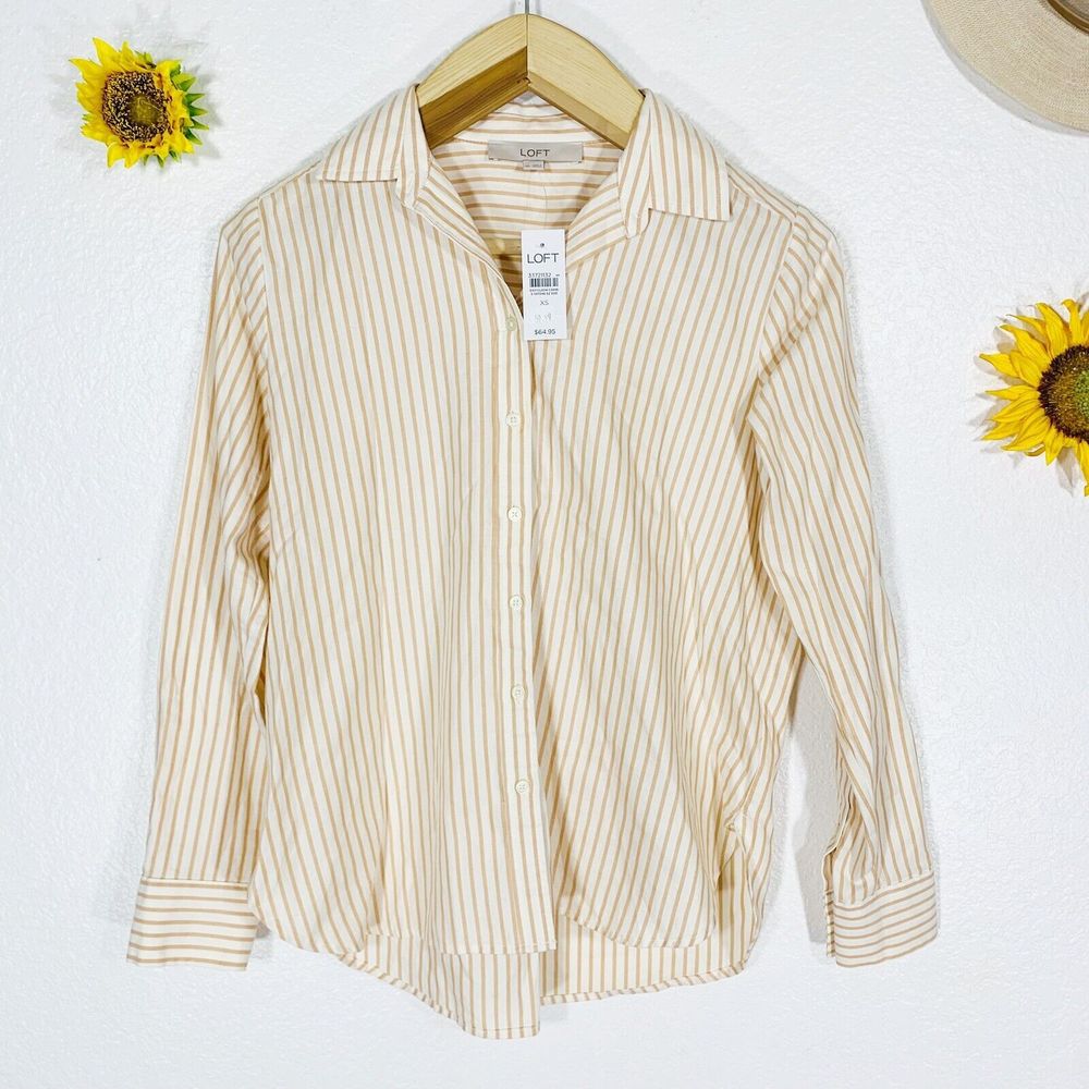 LOFT Pinstripe Button Up 100% Cotton Blouse Size XS Women’s NWT